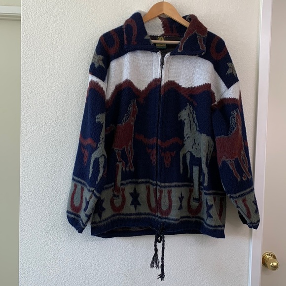 Tejidos Ruminahui Vintage Alpaca Wool Western Cowboy Horse Hooded Sweater Jacket - Picture 1 of 14